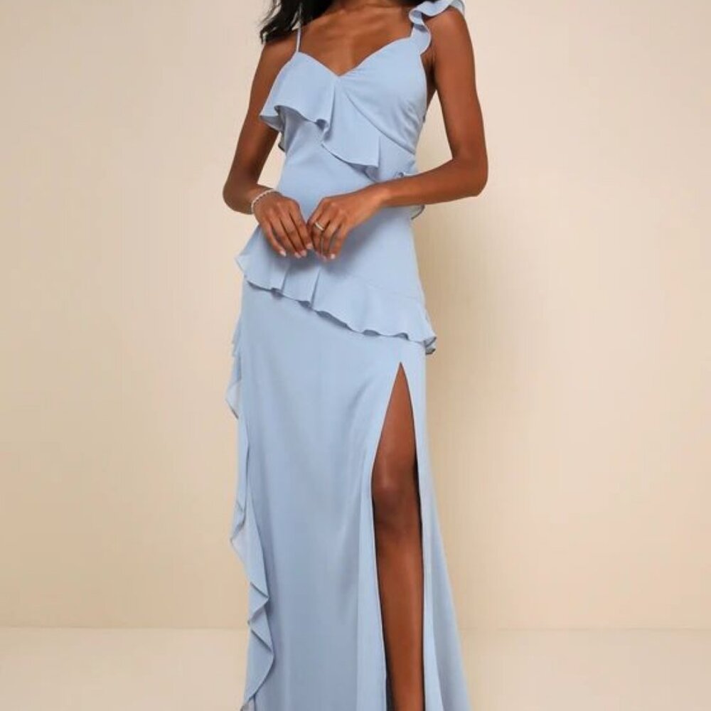 Light Blue Ruffled Sleeveless Maxi Dress